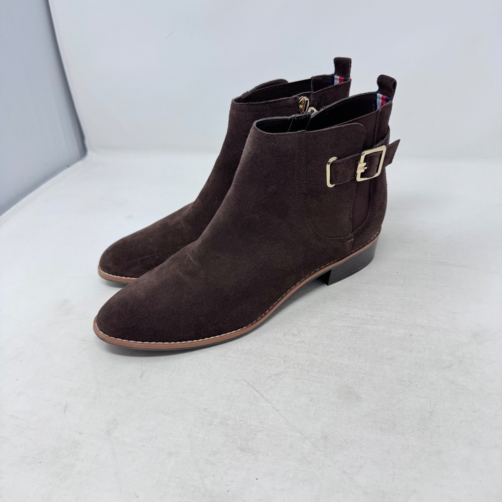 Tommy Hilfiger Ankle Boots Brown 10M Suede Buckle Zip Preppy Equestrian Booties